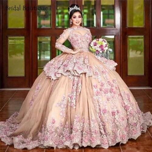 Luxury Ball Gown Long Sleeves Mexican Quinceanera Dresses 2021 Lace Applique Flower Beaded Sweet 15 16 Dress Birthday Party Gown