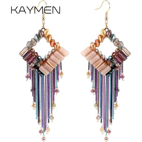 KAYMEN Fashion Crystal Earrings for Girls Square Shape Chains Tassels Drop Earrings Womens Wedding Party Statement Earrings