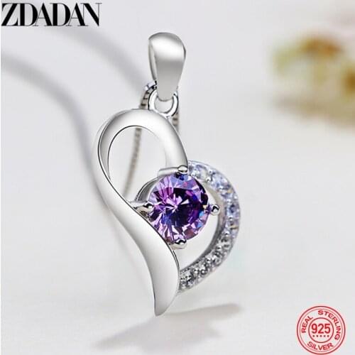 ZDADAN 925 Sterling Silver Amethyst Heart Shaped Zircon Necklace Chain For Women Engagement Jewelry Gifts