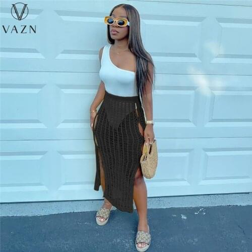 VAZN 2021 Top Quality Hollow Out Long Style Young Sexy Soft Elastic Solid Fashion Joker High Waist Women Pencil Maxi Skirts