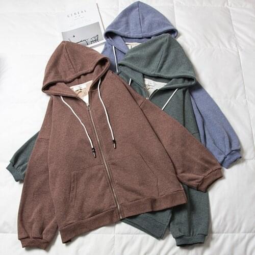 Obrix Sporty Loose Female Casual Style Hoodie Zip Up Sashes Pockets Solid Color Full Batwing Sleeve Sweatshirt For Women