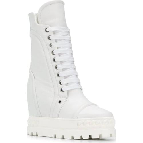 Design Chain Platform rubber sole 10CM Inner heel lace up leather woman ankle boots white black color leather lace up boots