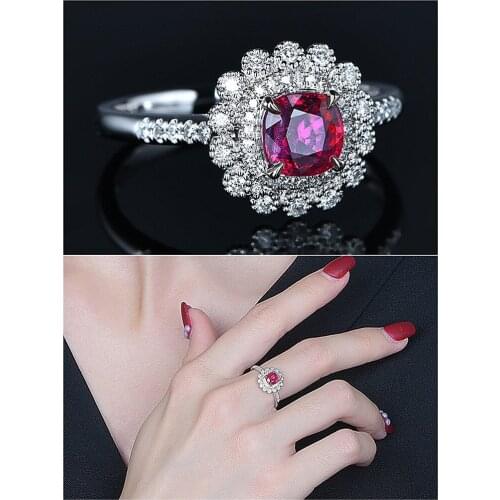 Vintage luxury flower princess red crystal ruby gemstones diamonds rings for women white gold silver color bague jewelry present