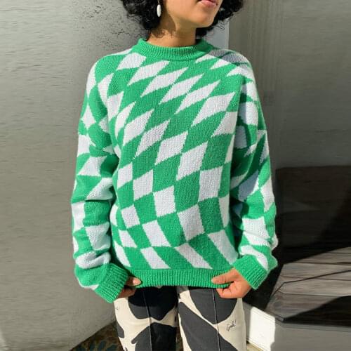Argyle Plaid Women Knit Sweater Winter Streetwear Vintage O-Neck Loose Female Pullover Sweet Oversize Long Sleeve Lady Sweaters