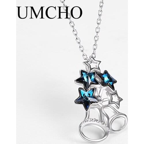 UMCHO Solid 925 Sterling Silver Bell Star Crystal Pendants Necklace For Women Girl Wedding Engagement Party Fine Jewelry