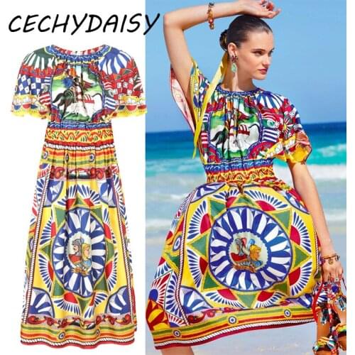 Runway Fashion Vintage Floral Printed Midi Dress Women O-Neck Short Sleeve High Waist Party Vacation Indie Folk Designer Dresses