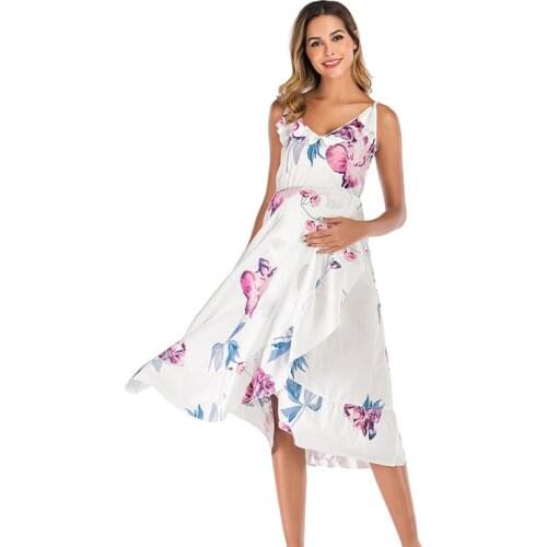 Ruffles Women Maternity Dress Asymmetrical Floral Pregnancy Gown Maxi Quality Clothes Summer Fashion Sexy
