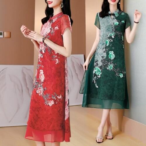 2021 Red Floral Chiffon Chinese Style Midi Dress Summer Vintage Print 5XL Plus Size Dress Women Elegant Bodycon Party Vestidos