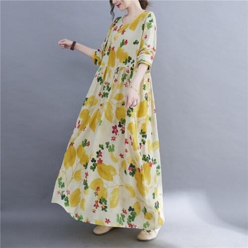2021 New Arrival Cotton Linen Long Sleeve Loose Autumn Dress Print Floral Vintage Long Maxi Dress Women Spring Casual Dress