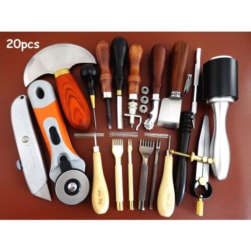 20pcs Leather Craft Edger Beveler Skiver Slicker Burnisher Groover Awl Chisel Tool Set - Sewing Stitching Carving Stamping Knife