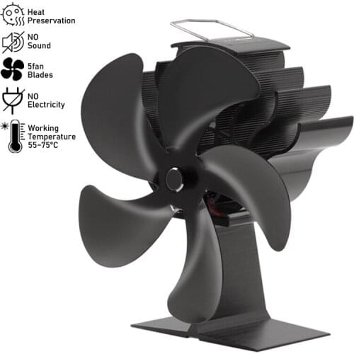 5 Blades Black Fireplace Heat Powered Stove Fan Eco Fireplace Fan Wood Burner Quiet Energy Saving Home Efficient Distribution