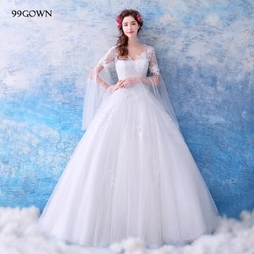 99GOWN Satin Wedding Gown Long Flare Sleeve V-Neck Backless Beading Lace Embroidery A-Line 2019 Bridal Wedding Dress