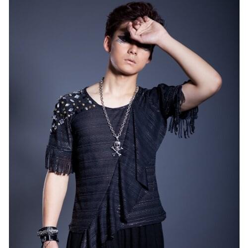 Jazz Dance Costumes Rhinestone Tassel Black Round Neck T-Shirt Men Pole Dancing Clothing Rock Singer Dj Show Clothes Male DT825