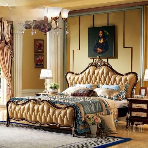 Bedroom European bed solid wood double bed oak carved bed leather high-end solid wood bed