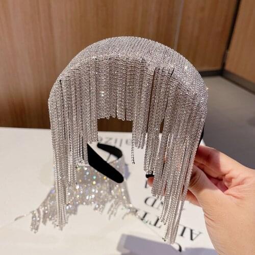 European Long Fringe RHinestone Hairband Bling Silver Crystal Tassel Headband Women Party Show Women Hair Jewelry Accessories