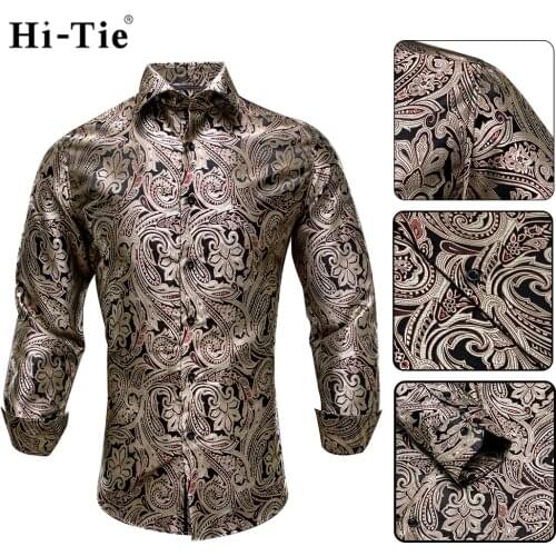 Hi-Tie Silk Light Brown Casual Mens Shirt Luxury Silver Shirt For Men Wedding Dress Fashion Slim Fit Long Sleeve Dropshipping