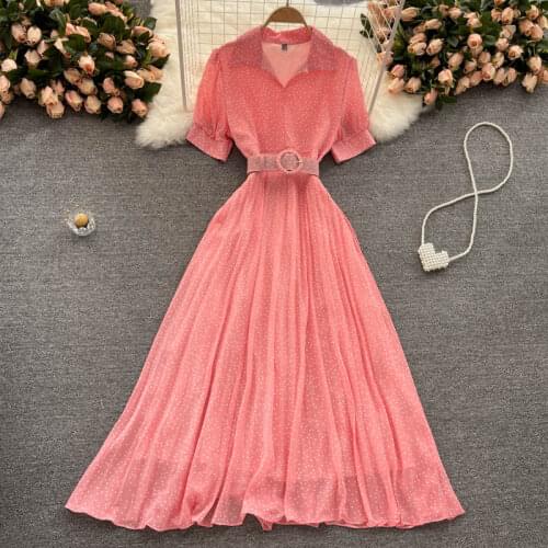 Summer Womens Dress Korean Retro Lapel Puff Sleeve Swing Polka Dot Dress New Waist Slim Waist Feamle Dresses DE689