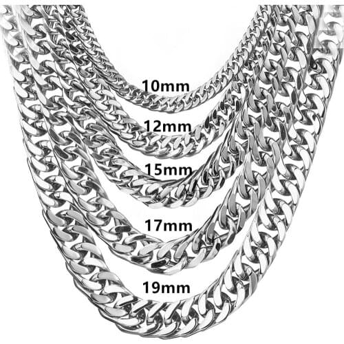 Mens Necklace Classic Chunky Cuban Curb Link Chain 6-19MM Wide Necklace Silver Color 316L Stainless Steel Best Jewelry