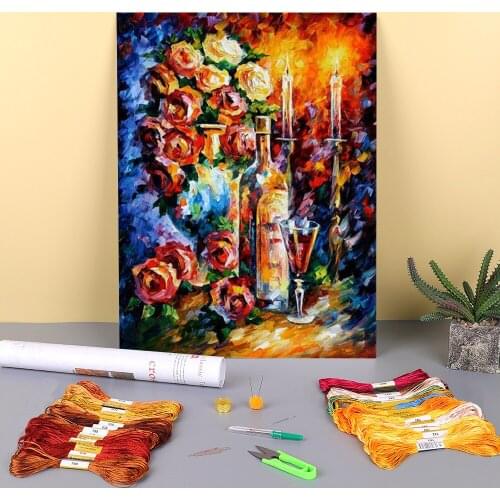 Oil Style Red Wine Printed Fabric 11CT Cross Stitch DIY Embroidery Set DMC Threads Knitting Handiwork Package