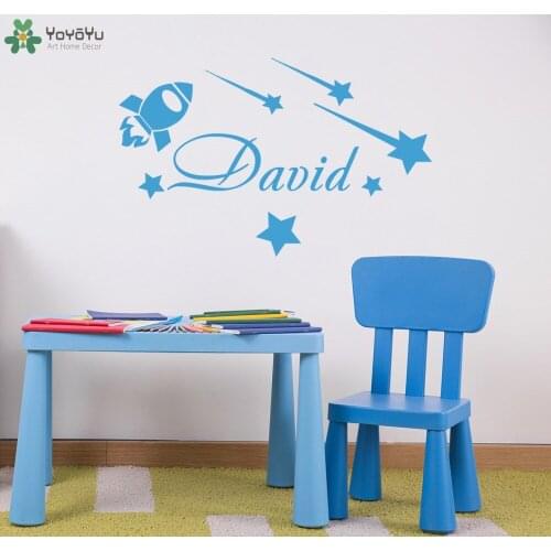 Kids Nursery Room Wall Decal Personalized Name Stickers For Kids Rooms Boys Custom Name Bedroom Rocket Stars Pattern Decor SY208