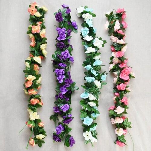 2.4m Artificial Silk Rose Flowers String Rattan Vine Fake Plant Ivy Garden Romantic Hanging Decor Wedding Party Home Ornaments