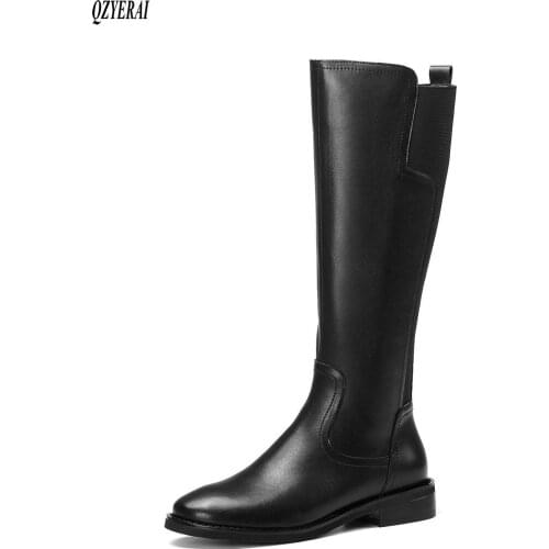 New style Knee-high boots Genuine leather Women boots Motorcycle boots warm Female boots winter black white Women shoes cowhide