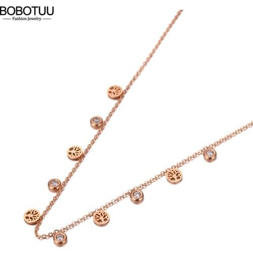 BOBOTUU New Design Trendy Tree Plant Pendant Necklace For Women Stainless Steel CZ Crystal Link Chain Choker Necklace BN20132