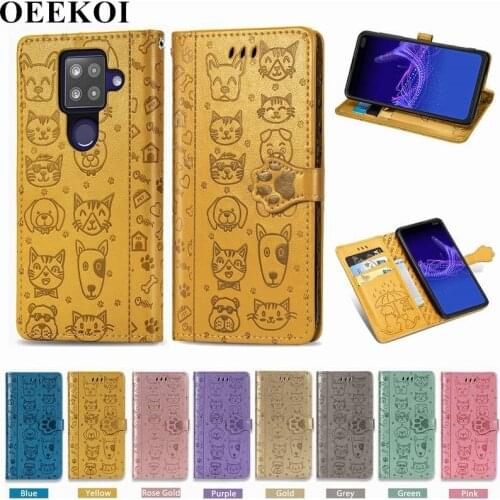 OEEKOI Cartoon Style Cat Dog Wallet Flip Cover Case for Sharp Aquos Sense 4 Plus with Card Slot Holder