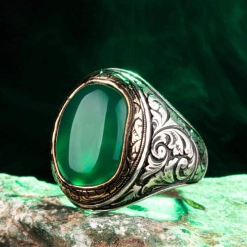 925 Sterling Silver Ornamented Mens Ring with Green Agate Stone Green Aqeeq Gemstone Ring for Men Exclusive Male Ring