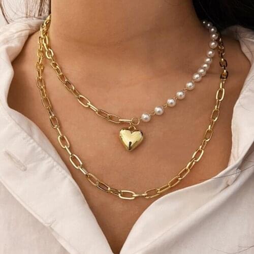 Romantic Love Heart Pendant Necklaces for Women Female Multilayer Asymmetric Imitation Pearl Gold Link Chain Neck Jewelry