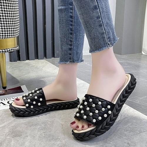 Sandals and Slippers Womens 2021 Summer New Fashion Korean Style Outer Wear Pearl Flat-bottomed Slippers