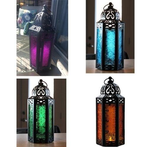 11.5“ Glass Candle Lantern Lamp Holder Metal Tealight Centerpiece Garden Patio Decor,Moroccan Style Candle Lantern