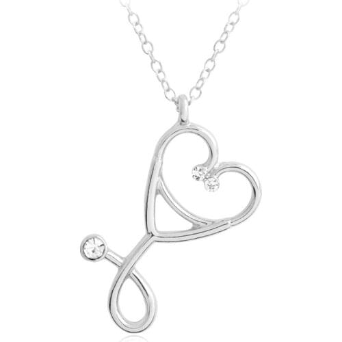 Stethoscope Heart Pendant Necklace Inlaid Rhinestones Family Health Doctor Nurse Accessories Medical Student Graduation Gift