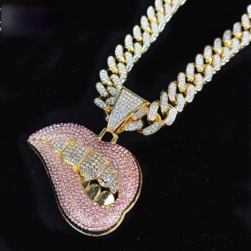 Hip Hop Full Iced Out CZ AAA+ Lips Square Stones Solid Back Pendants & Necklaces Men Women For Men Charm Jewelry