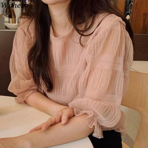 Woherb Elegant Thin Chiffon Blouse Women Summer See Through Top 2021 Pleated Transparent Puff Sleeve Shirt Casual Tops Blusas