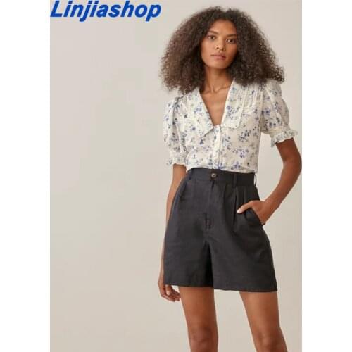 Floral Print Shirt Female Lace Blouse V-neck Notched New All-match Gentle Fashion Short Sleeve Summer Top