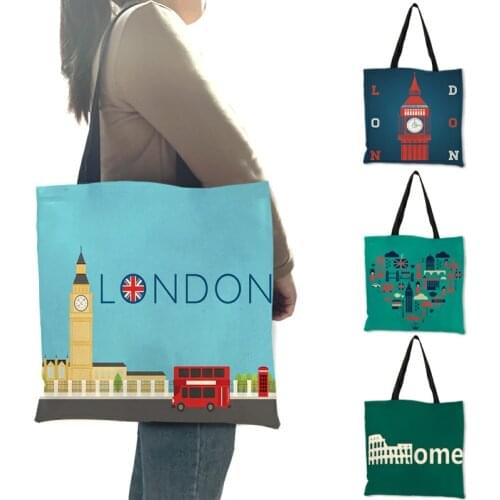 High Quality Linen Shoulder Bag London Big Ben Tower Rome Print Tote Bag Fashion Ladies Women Casual Beach Shopping Bag Handbags