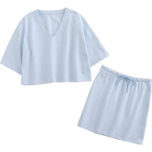 Simple Summer 2021 Casual Cotton Blue V-neck Short Sleeve Tops and Lace Up Mid Waist Mini Skirts 2 Peices Skirt Sets for Women