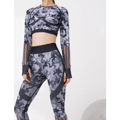 Of Female 2Pcs Set Camouflage Yoga Suit Gym Clothing Workout Long Sleeve Fitness Crop Top High Waist Legging Seamless Sport Set