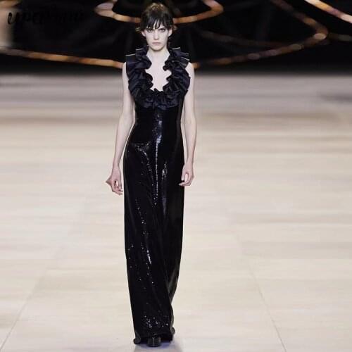 Free Shipping 2021 New Ladies Runway Long Dress Sexy Laminated V-neck Sleeveless Bodycon Sequin Dress Celebrity Club Party Dress