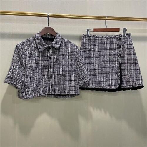 2021 Autumn Womens Tweed Plaid Short Coat Turn-Down Collar New Ladies Single Breasted Short Sleeve Jacket Outwear