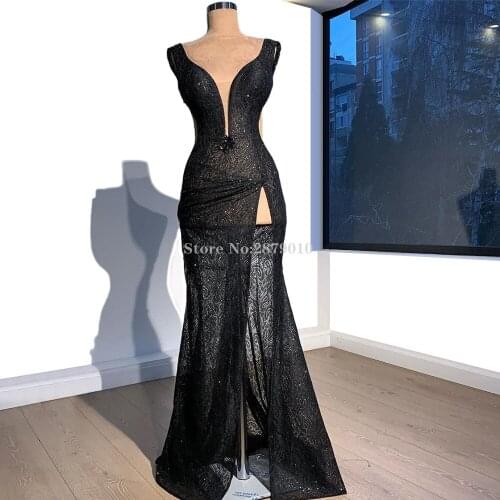 Elegant Black Mermaid Evening Dress Floor-Length Prom Dress Lace Robe De Soiree Aibye Slit Vestido de festa Dubai Formal Dress