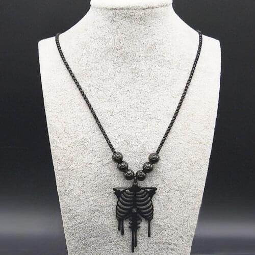 2021 Gothic Skull Stainless Steel Necklace for Women Long Black Color Bead Skeleton Necklaces Jewerly collares mujer N9507