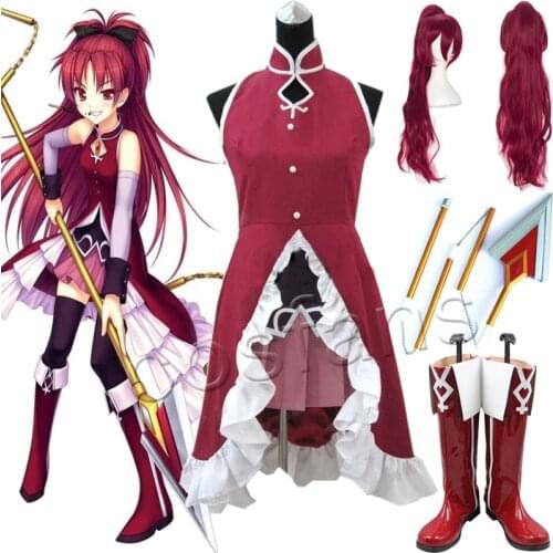 Anime Puella Magi Madoka Magica Sakura Kyoko Cosplay Costume Puella Magi Madoka Magica Kyouko Sakura Kyoko Cosplay Wig+Wig cap