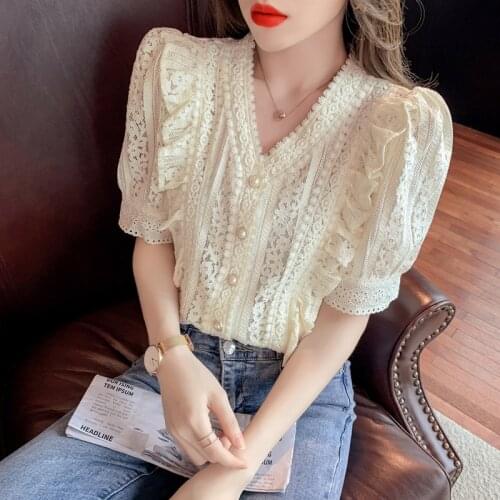 Summer Elegant Lace Women Blouses Shirt Fashion New Ruffles Short Sleeve Shirts Tops Lady Vintage V Neck Hollow Out Blusas