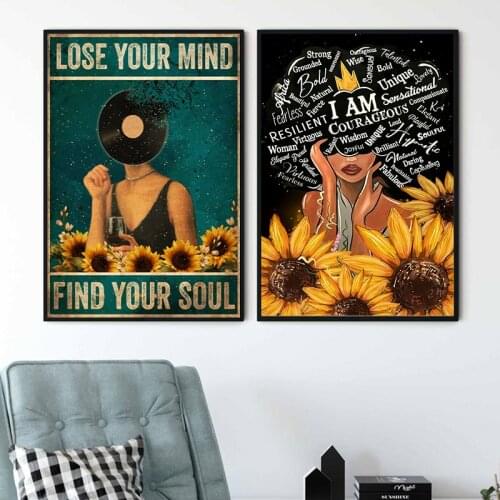 Black Woman African Girl Art Prints Retro Metal Posters Lose Your Mind Find Your Soul Inspirational Quote Canvas Painting Decor