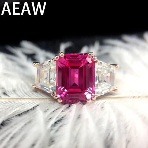 Solid 14K Yellow Gold Engagement Rings 8x10mm Lab Ruby with Moissanite Jewelry Ring Classic Lady Jewelry