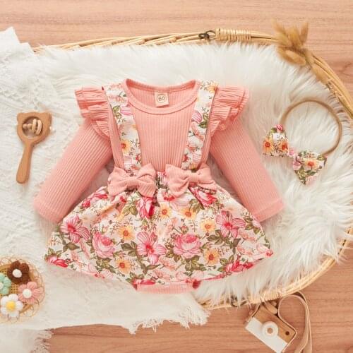Cute Sweety Baby Girls Floral Romper Clothes Flower Printed Pattern Long Sleeve Romper Skirts+Headdress Autumn Costumes