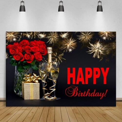 Laeacco Happy Birthday Red Rose Flower Photo Backdrop Poster Gifts Fireworks Champagne Photographic Background Customized Banner