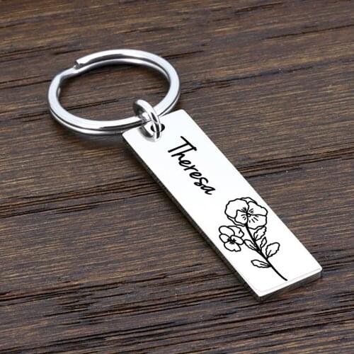 Mini-World Exquisitely Engraved Personalized Name Keychain Custom Birth Flower Key Ring Stainless Steel Jewelry Birthday Gift